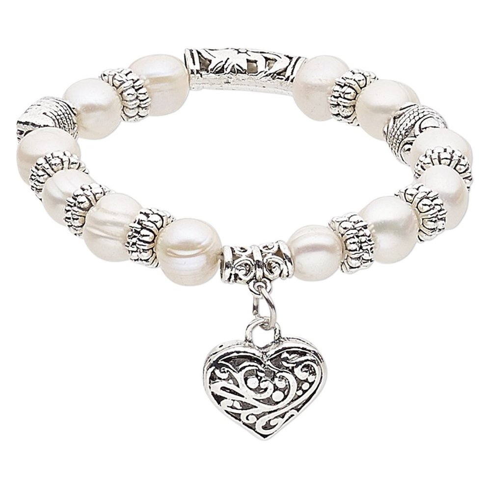 Heart Pearl Bracelet, stretchy 6-1/2 inches